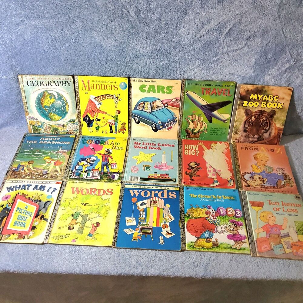 Vintage Little Golden Books Lot 15 Educational Words Manners ABC Seashore Cars